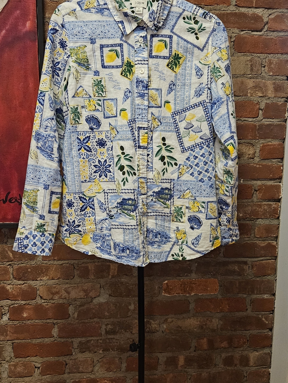 J. Crew Blue, Yellow & White Printed Button-Up Blouse
